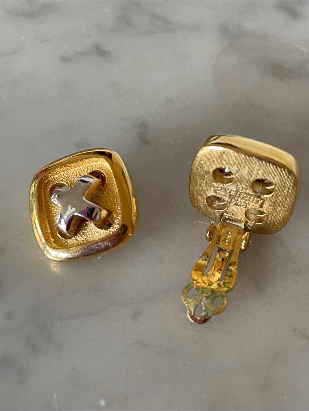 GIVENCHY PARIS NEW YORK Rare Vtg 1978 Gold Button Cross Clip On Earrings 70s